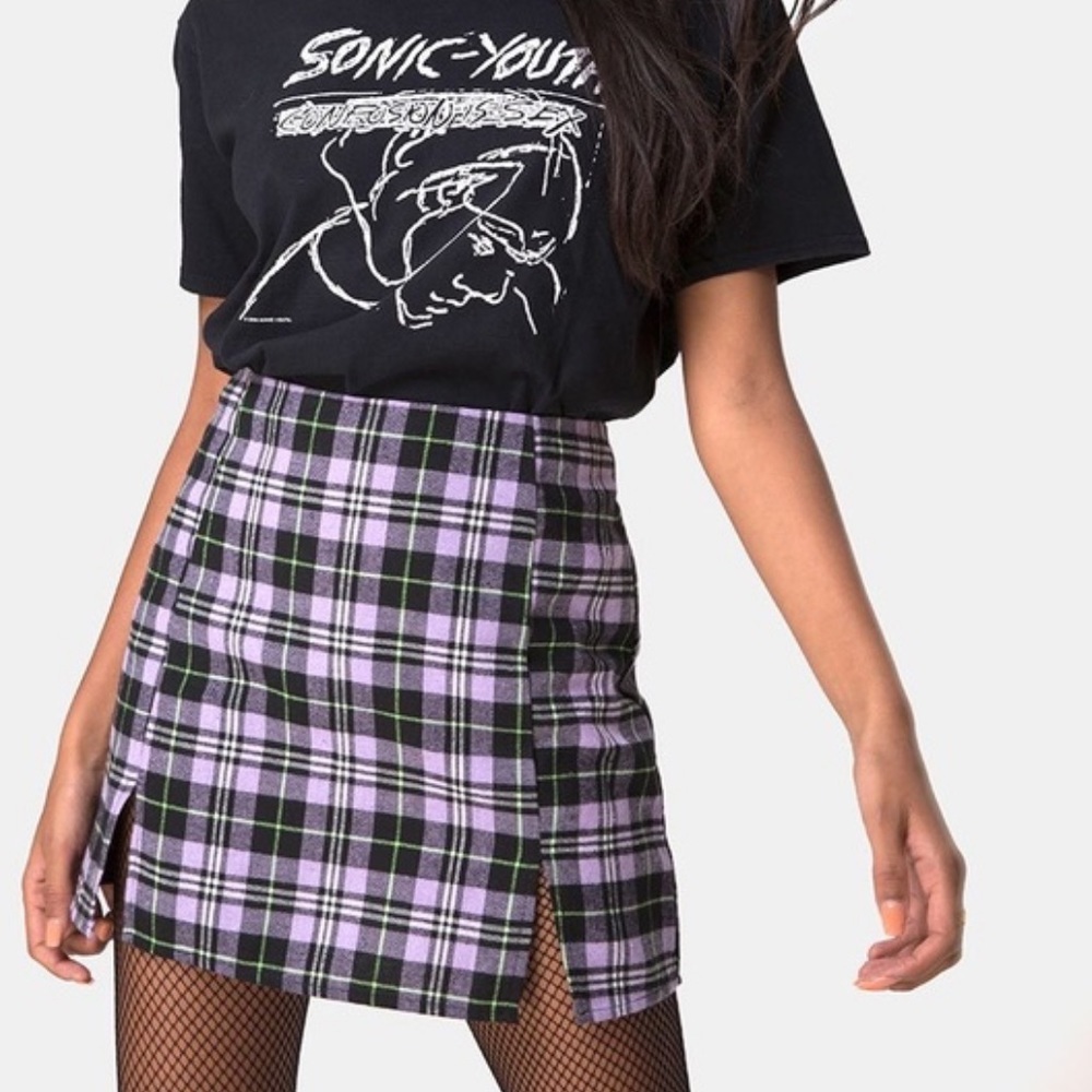 Motel rocks Purple and Black Plaid Skirt with Slits